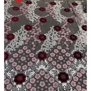 Blinglace pink 3d Floral dengan perak abu-abu <span class=keywords><strong>Lurex</strong></span> Tulle renda dengan Rhinestones beludru Laser Cut untuk indah Fashion gaun - Product Image 1