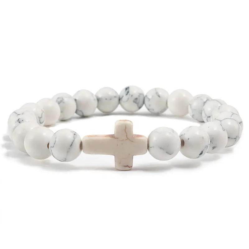 Pulseira de pedra natural cruz charme frisado pulseiras elásticas homens mulheres joias cristãs