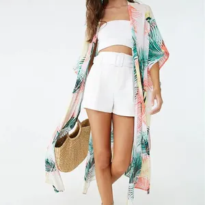 Long Sleeve Casual Bali Tropical Print Beach Maxi Dress Women Sexy Bikini Cover Ups Beachwear Kaftan