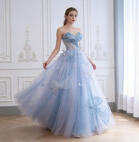 Robe de Quinceañera Bleu Ciel Enchantant en Tulle Brodé, Col Cœur avec Papillons Faits Main, Robe de Bal pour Soirées et Événements