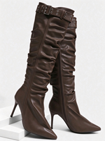 Bottes hautes marron en similicuir pour femme, personnalisables, à bout pointu, talon aiguille, avec boucle et fermeture éclair latérale