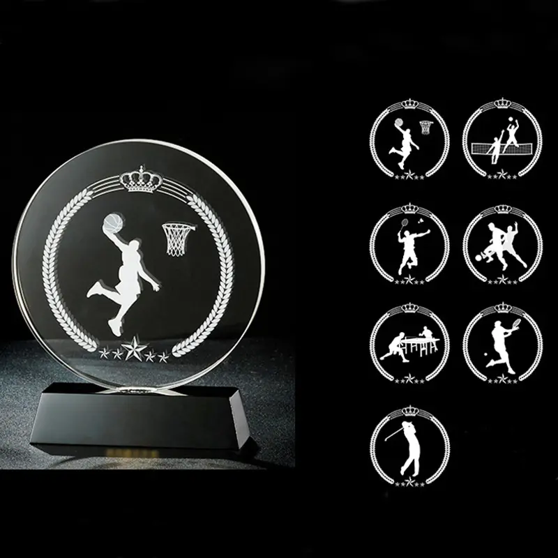 Özel yuvarlak kazanan golf lazer kazınmış basketbol kupa küçük boş süblimasyon ahşap cam pleksiglas ödül kristal kupa
