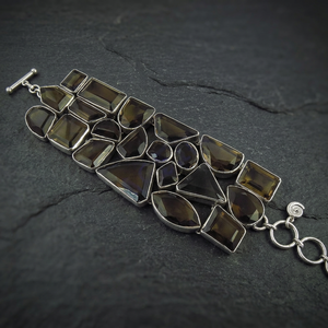 Vintage Smoky Quartz Cuff <b>Bracelet</b> 925 <b>Sterling</b> <b>Silver</b> Geometric Bezel Setting Women's Everyday Wear Jewelry - Product Image 2