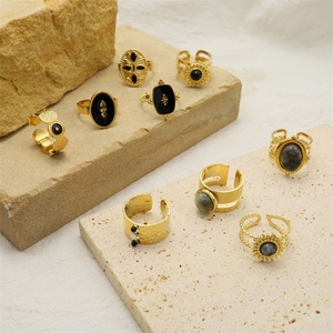 Wholesale Stainless Steel Open Finger <b>Ring</b> Gold Plated Black Natural Stone Charm <b>Ring</b> - Product Image 1