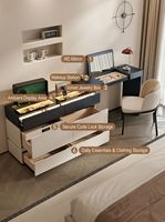 Commode de luxe moderne en noyer à 6 tiroirs, coiffeuse avec plateau rabattable et éclairage LED, meuble de rangement pour bijoux en verre, meuble de chambre à coucher