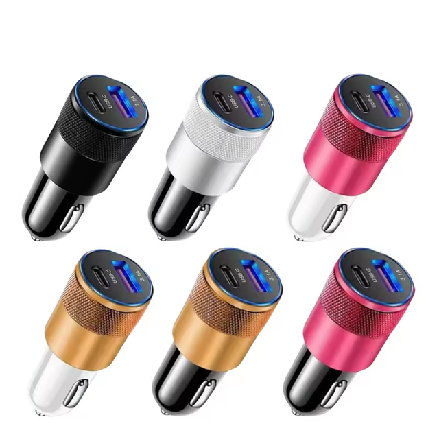 3.1A USB Car Charger Aluminum Alloy PD Fast Charging for Mobile Phone Tablet 15W Dual Port Car Charger