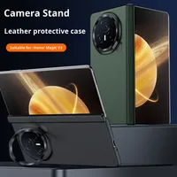 Étui de téléphone Honor Magic V3 en cuir véritable antichoc avec protection d'appareil photo intégrée et support d'objectif à charnière centrale