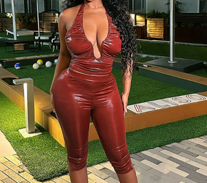 Ensemble décontracté deux pièces pour femme Viviblook J25ST430, nouveau, couleur unie, haut court sexy en cuir dos nu et pantalon - Product Image 1