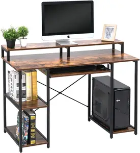 Wooden Vintage Study Table Computer Desk with Storage Shelves Keyboard Tray Monitor Stand for Home Office
