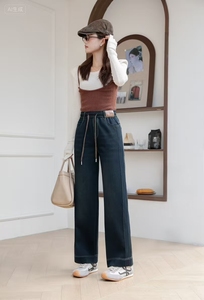 <span class=keywords><strong>Jean</strong></span> décontracté vintage taille haute en denim pour femme, coupe ample, jambe droite, avec cordon de serrage, respirant, extensible et ample - Product Image 2