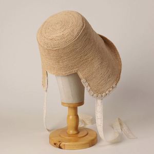2025 New Arrival Women Summer <b>Sunscreen</b> Straw Sun Hat Hand Crochet Casual Outdoor Travel Raffia Bucket Hat with Lace Strings - Product Image 2