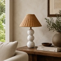 Lampe de table globe en marbre empilé, abat-jour en rotin, base en boule de pierre blanche, chambre à coucher, Wabi Sabi, décoration naturelle, E27