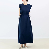 Robe longue décontractée pour femme, couleur unie, sans manches, taille à cordon, col rond, coupe ample, pour l'été, la plage et les vacances