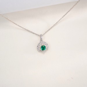 925 Sterling Silver Halo <b>Pendant</b> Necklace, Round Cut Lab Created <b>Emerald</b> with CZ Accent - Product Image 6