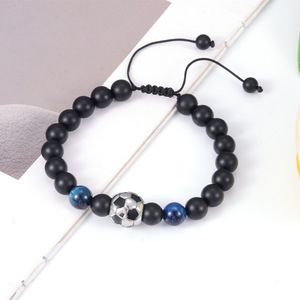 Football <b>Beaded</b> Bracelet Black Frosted Natural <b>Stone</b> Unisex Gift Jewelry - Product Image 2