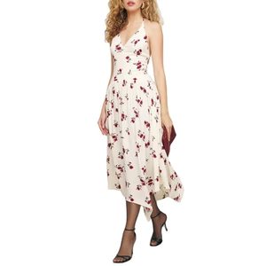 Robe midi tissée sans manches à imprimé floral, col en V personnalisé, style licou, coupe trapèze, taille haute, décontractée, sexy et élégante pour femme - Product Image 1