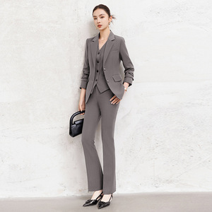 Women's Burgundy Suit Set Three Piece Vest Skirt Office Lady Spring Full Sleeve Polyester Anti-Wrinkle - Product Image 3