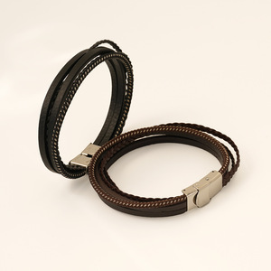 Leather Cord Braided Bracelet Men's Stainless Steel Multi Layer Black Coffee Everyday Wear Jewelry - Product Image 3