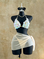 TW Op Maat Gemaakt 2026 Halter Solid Sequins Dames Driedelige Bikiniset met Doorzichtige Zwemjurk Sexy Halter Rugloze Strandkleding