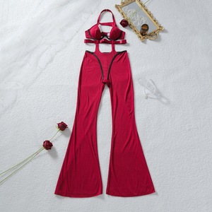 Promotion Prix <span class=keywords><strong>Bas</strong></span> Été 2026 Ensemble Lingerie Femme Rouge Halter Bra & Pantalon Évasé Côtelé Deux Pièces Loungewear - Product Image 4