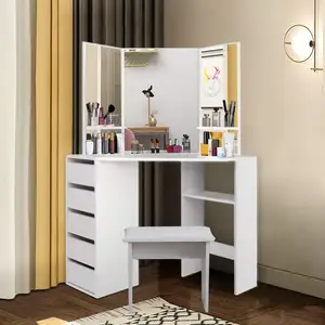 Bureau de maquillage de coiffeuse incurvé d'angle blanc avec 5 tiroirs 3 meubles de chambre à coucher de miroir