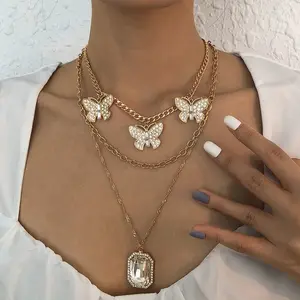 HANSIDON Vintage Bohemian Nhiều Lớp Chunky Chain Choker Vòng Cổ Bé Thư Bướm Pendant Necklaces 2022 Phụ Nữ Jewelry