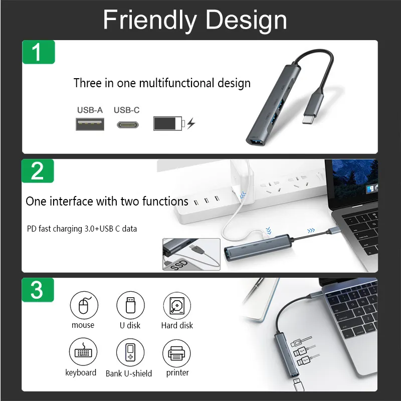 Nouveau design Usb C Hub Multi Fonction Type C Adaptateur convertisseur station d'accueil pour ordinateur portable usb c hub adaptateur 100w pour ordinateur portable