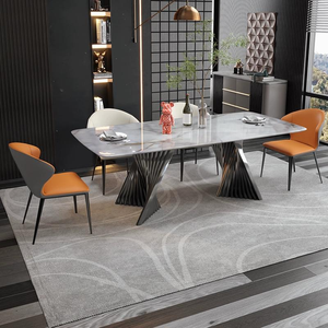 Source Factory Mesa de comedor y silla de lujo modernas Combinación de escritorio de mármol Marco inferior de acero inoxidable 1 mesa y 6 sillas