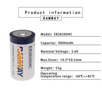 Batterie au lithium de remplacement RAMWAY ER26500HC 3.6v 9000mah taille C pour les machines-outils CNC PLC, système d'alarme