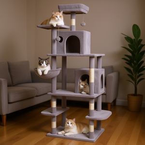 ต้นไม้แมวสีเทาอ่อนขนาด 68.5 นิ้ว พร้อมคอนโดและเสาข่วนทำจากไซซอลสำหรับแมวในบ้าน - Product Image 2