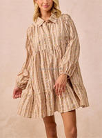 Robe chemise vintage à rayures et imprimé floral pour femme, col à revers, manches longues, à volants, poches latérales, coupe ample, décontractée, mini, grande taille, tunique