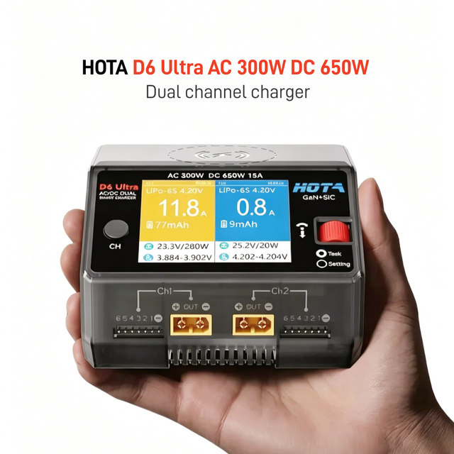 HOTA D6 Ultra Wireless Dual Channel Gallium Nitride 300W Lithium Battery Charger for Aircraft Model FPV Vehicles & Vessels