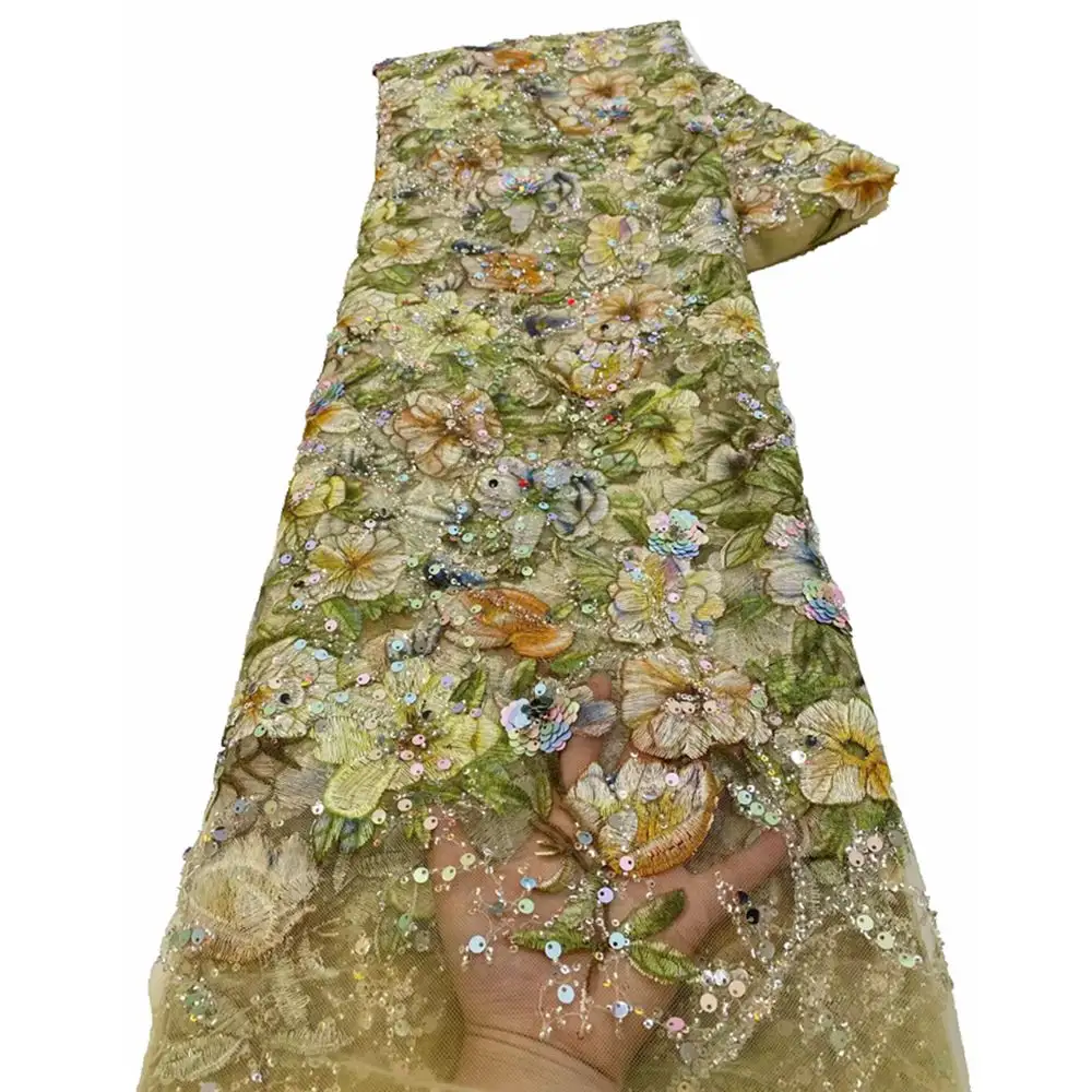 100% poliéster suave bordado Floral encaje de lentejuelas Europa moda tela de encaje con cuentas para elegante vestido de noche tela