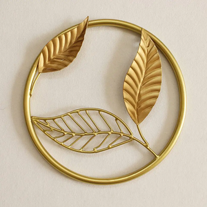Traditional Style Golden Wrought Iron Hanging Sculpture Metal <b>Wall</b> Decor with Circular <b>Frame</b> and Ergonomic Leave <b>Design</b> - Product Image 2
