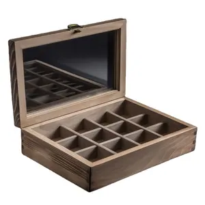 Natural color Bamboo Box with 6 Compartments Bag Caddy Wooden tea box with Closable Lid