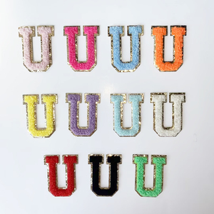 Keymay DIY personalizado oro brillo palo en autoadhesivo Varsity letra inicial parche Chenille letra parche alfabeto parche - Product Image 1