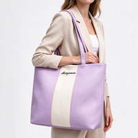 Sac fourre-tout en cuir PU pour femme avec empiècements en toile contrastante, couleur pastel, grande capacité, sac à bandoulière, logo personnalisé, vente en gros