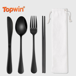 4-piece Stainless Steel Cutlery <b>Set</b> Portable Black Travel Cutlery <b>Set</b> with Bag - Product Image 1