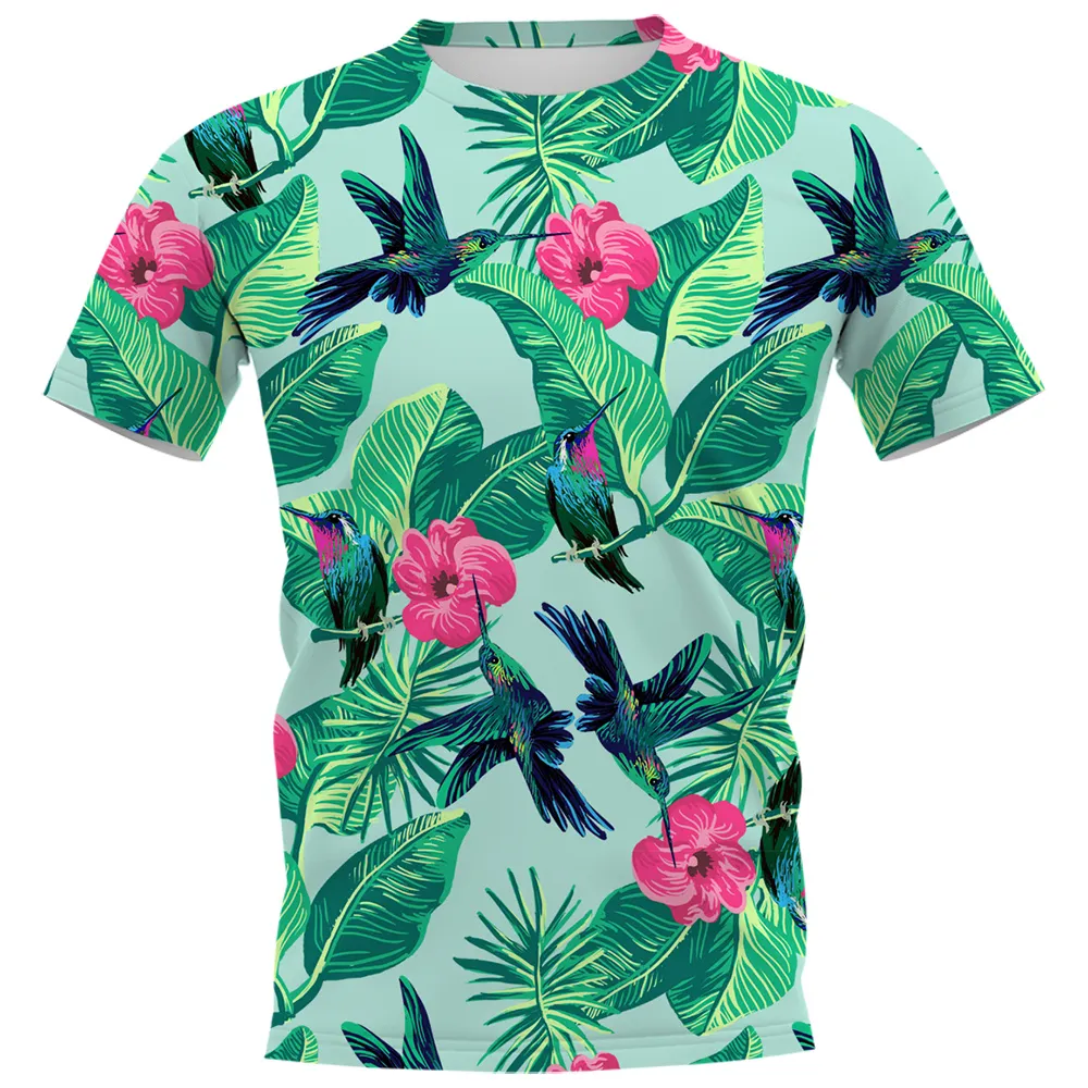 Fitspi Camiseta havaiana com estampa de pássaros e folhas de plantas tropicais da Polinésia, camiseta para praia com estampa harajuku, roupa masculina