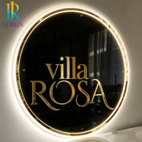 Panneau néon circulaire minimaliste en acrylique avec base transparente, texte 3D doré effet miroir, plaque lumineuse LED pour enseigne de galerie d'art contemporain