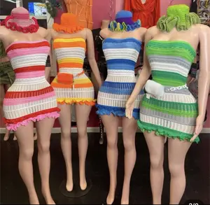Conjunto de roupas femininas Y2K para o verão, top de tubo com renda fofa, vestidos casuais sem mangas listrados de malha, 2024