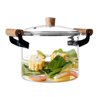 Casserole en verre borosilicate transparent durable, compatible avec les plaques à induction, résistante aux chocs, avec double poignée en bois, pour soupes et bouillons