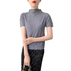 Nouveau pull élégant à manches courtes, style Miyake, plissé artistique, haut de gamme, brillant, brodé de pierres, coupe ajustée - Product Image 5