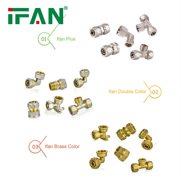 IFAN Fitting Pipa PEX warna kuning 16-32mm Tee sambungan siku kuningan PEX Fitting kompresi untuk air Gas