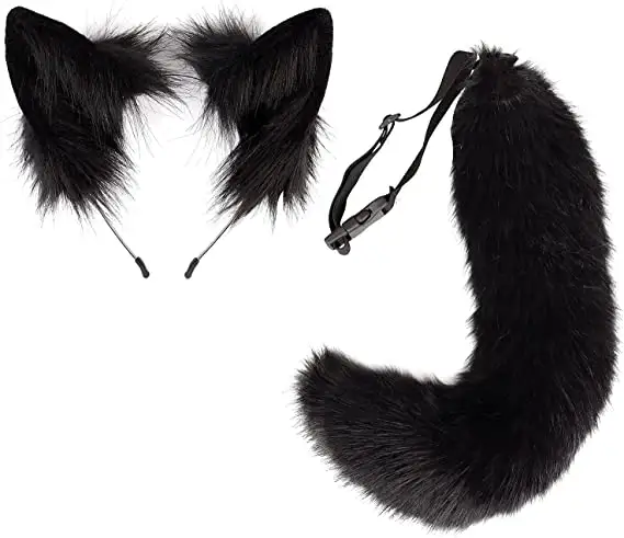 Halloween Party Costume Accessories Fox Tail and Clip Ears Halloween Masquerade Black Headband and Tail Decoration