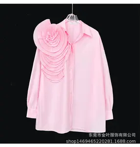 Spring Fall Plus Size Women Blouse Niche Pleated Flower Printing Polo Collar Long-Sleeved Shirt Top Blouses Elegant Loose Shirt