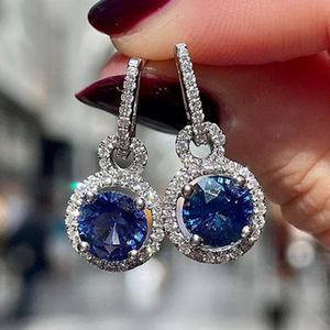 Orecchini pendenti lunghi con zirconi blu royal per donna, eleganti gioielli scintillanti alla moda, idea regalo - Product Image 1