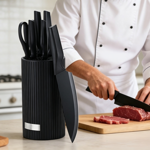 Juego de 7 cuchillos de cocina comerciales de acero inoxidable 3CR13 de alta resistencia con mango de PP, bloque de cuchillos y tijeras para restaurante y catering. - Product Image 1