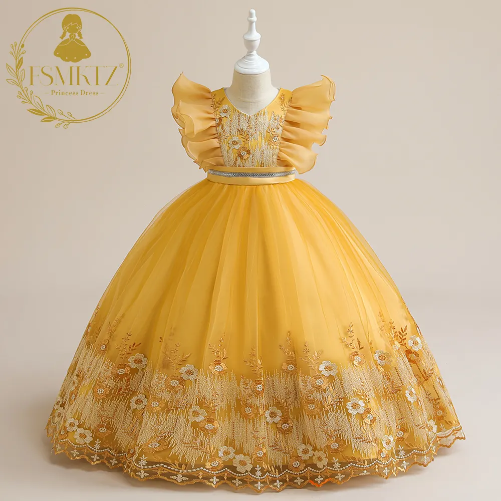 FSMKTZ Children Long Satin Maxi Clothes 13 Years Old Girl Models Party Dress Girls Birthday Dresses