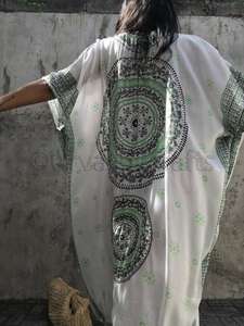 OEM High Quality Silk Digital Printed With Silver Sequin Maxi Long Sleeve <b>Kaftans</b> <b>Beach</b> <b>for</b> Women - Product Image 5